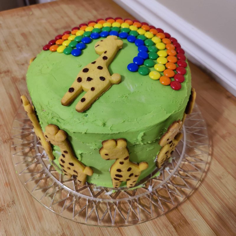 Green cake with a candy rainbow and giraffe cookies