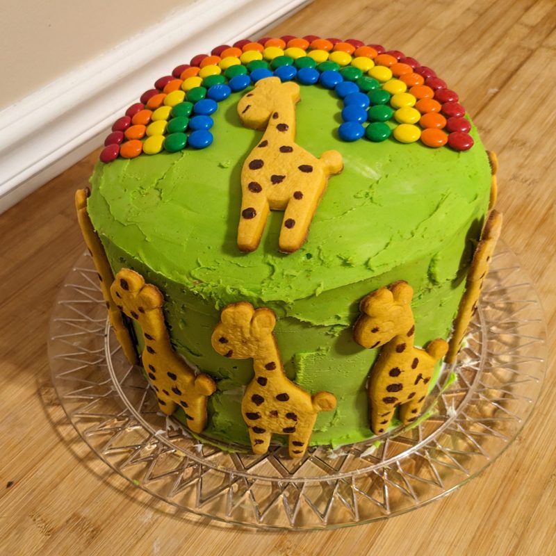 Giraffe and rainbow cake, another angle